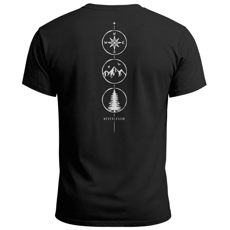 Herren T-Shirt Backprint Outdoor Elemente - Compass Mountains Tree - Grafikshirt Natur Symbole Printshirt Männer Fashion Streetstyle