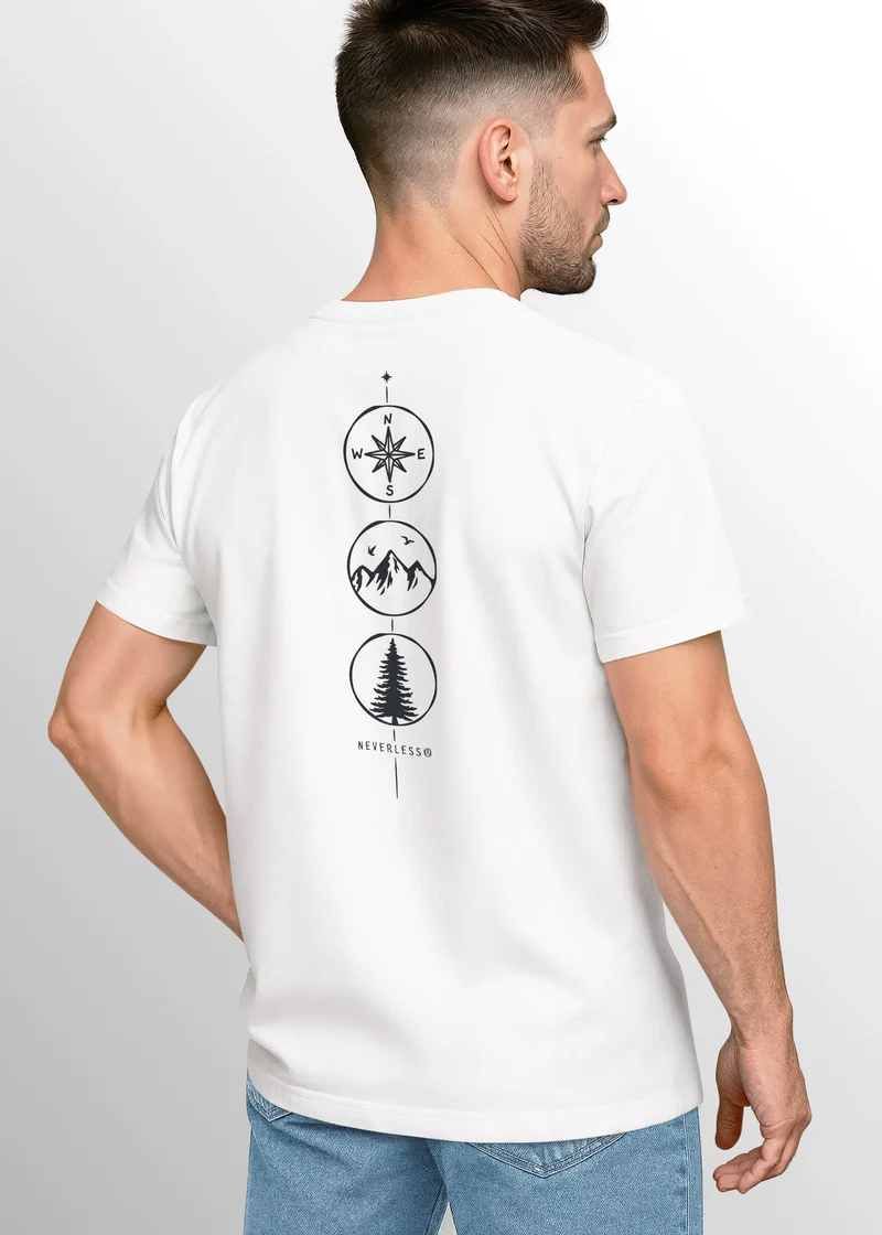 Herren T-Shirt Backprint Outdoor Elemente - Compass Mountains Tree - Grafikshirt Natur Symbole Printshirt Männer Fashion Streetstyle
