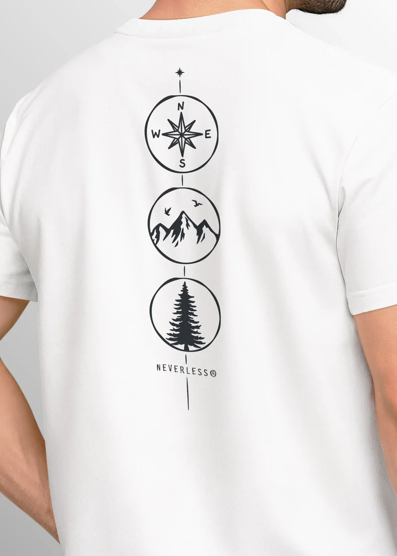 Herren T-Shirt Backprint Outdoor Elemente - Compass Mountains Tree - Grafikshirt Natur Symbole Printshirt Männer Fashion Streetstyle
