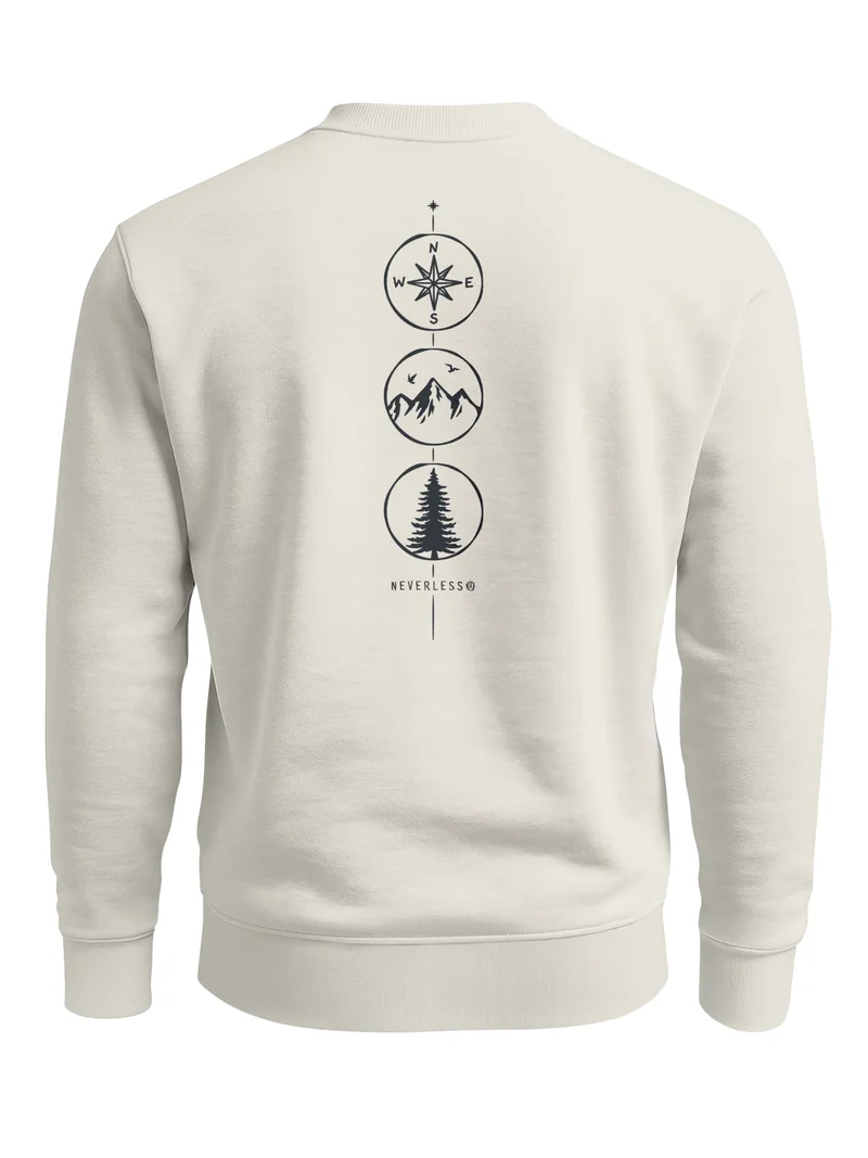 Sweatshirt Herren Pullover Backprint Vertikale Symbole | Kompass | Berge | Baum Outdoor Fashion Streetwear