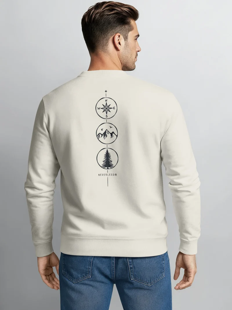 Sweatshirt Herren Pullover Backprint Vertikale Symbole | Kompass | Berge | Baum Outdoor Fashion Streetwear