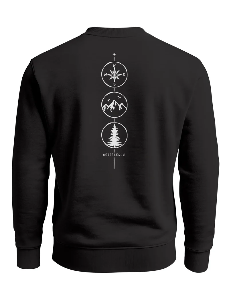 Sweatshirt Herren Pullover Backprint Vertikale Symbole | Kompass | Berge | Baum Outdoor Fashion Streetwear