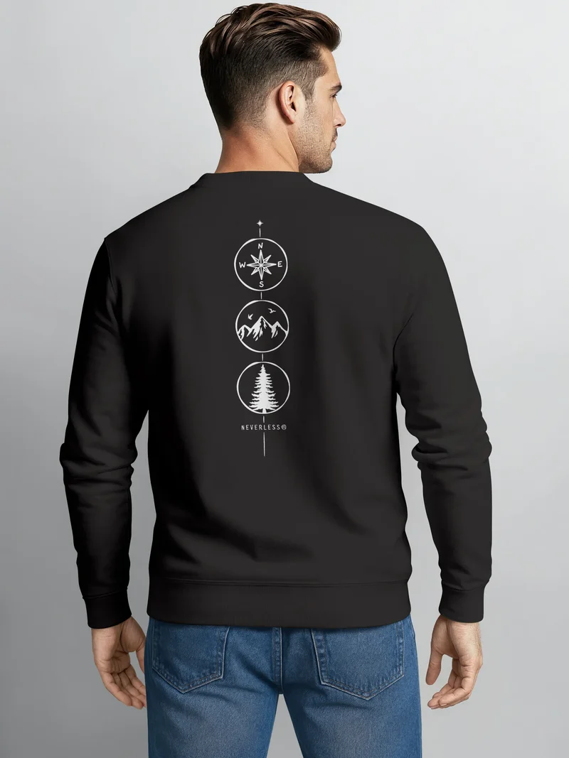 Sweatshirt Herren Pullover Backprint Vertikale Symbole | Kompass | Berge | Baum Outdoor Fashion Streetwear