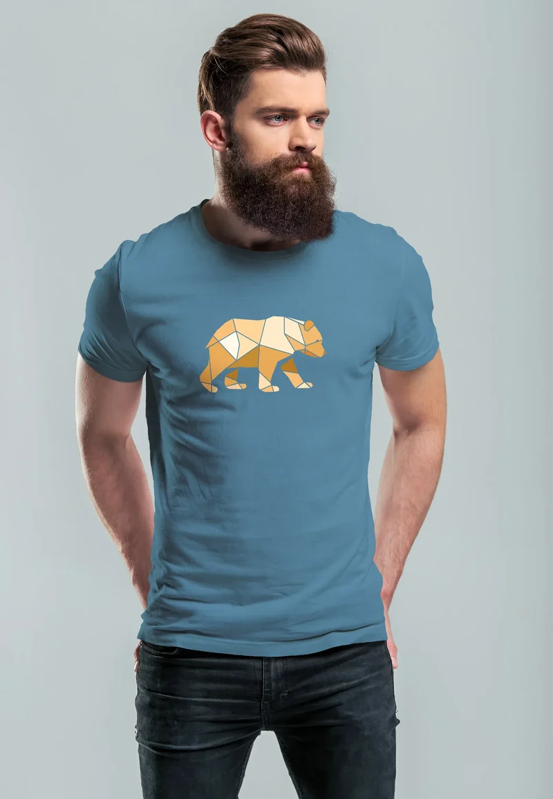 Herren T-Shirt Bär Aufdruck Grafik Outdoor Polygon Motive Printshirt Natur Fashion Streetstyle