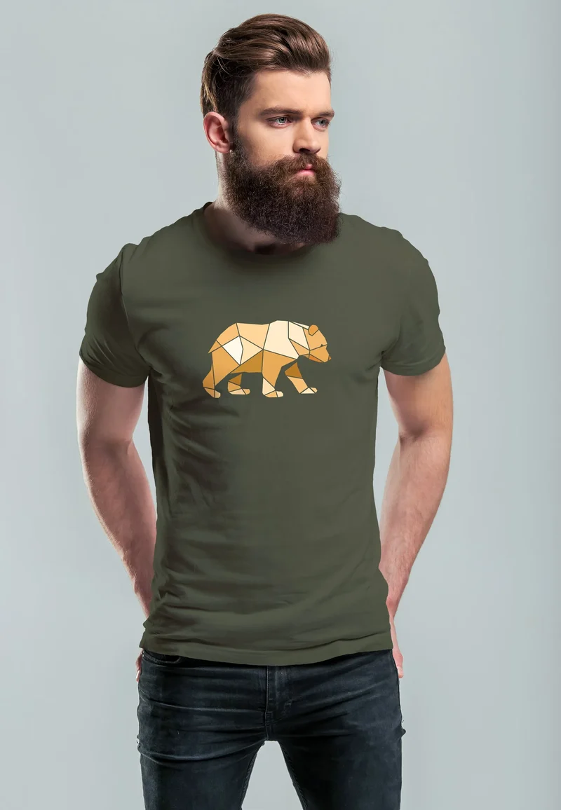 Herren T-Shirt Bär Aufdruck Grafik Outdoor Polygon Motive Printshirt Natur Fashion Streetstyle