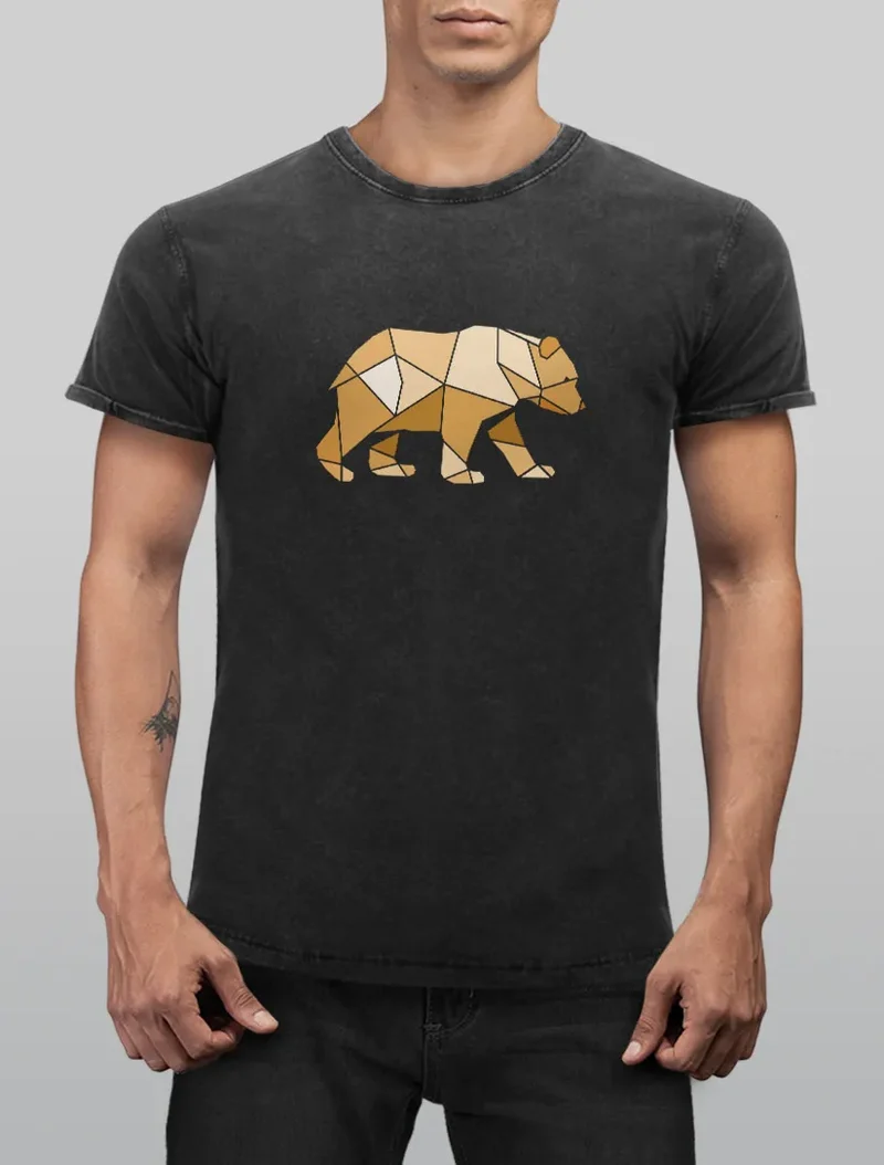 Herren Vintage Shirt Bär Aufdruck Grafik Outdoor Polygon Motive Printshirt Natur Fashion Streetstyle