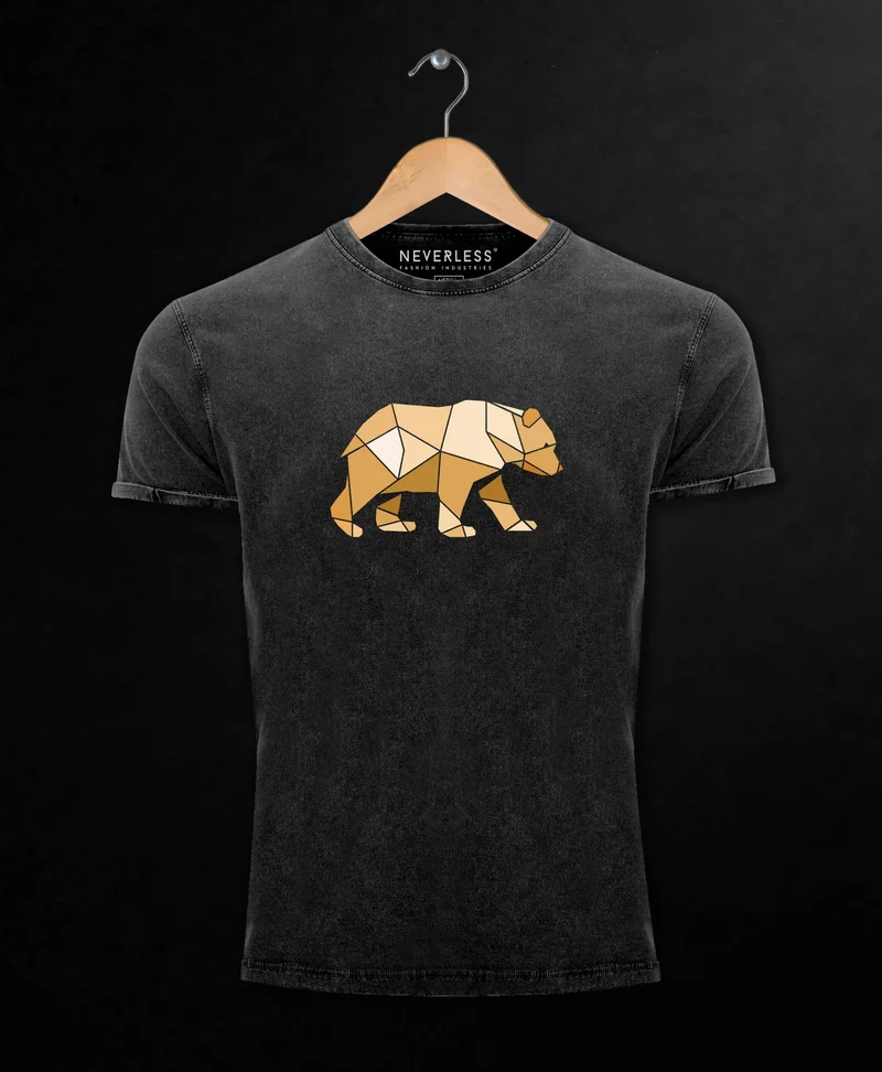 Herren Vintage Shirt Bär Aufdruck Grafik Outdoor Polygon Motive Printshirt Natur Fashion Streetstyle