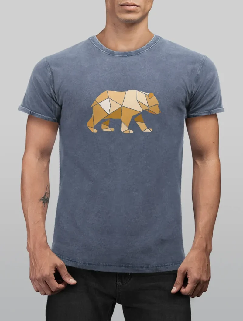 Herren Vintage Shirt Bär Aufdruck Grafik Outdoor Polygon Motive Printshirt Natur Fashion Streetstyle