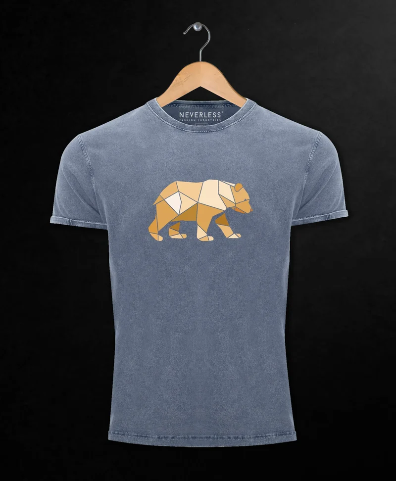 Herren Vintage Shirt Bär Aufdruck Grafik Outdoor Polygon Motive Printshirt Natur Fashion Streetstyle