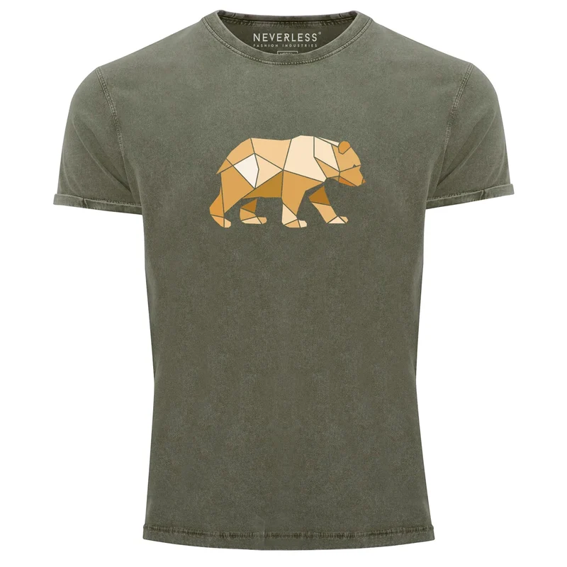 Herren Vintage Shirt Bär Aufdruck Grafik Outdoor Polygon Motive Printshirt Natur Fashion Streetstyle