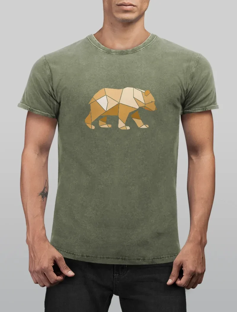 Herren Vintage Shirt Bär Aufdruck Grafik Outdoor Polygon Motive Printshirt Natur Fashion Streetstyle