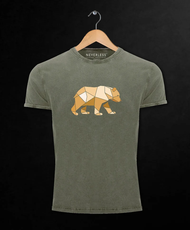 Herren Vintage Shirt Bär Aufdruck Grafik Outdoor Polygon Motive Printshirt Natur Fashion Streetstyle