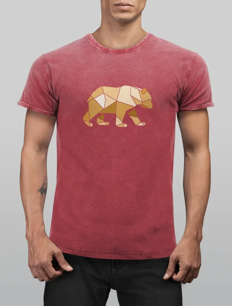 Herren Vintage Shirt Bär Aufdruck Grafik Outdoor Polygon Motive Printshirt Natur Fashion Streetstyle