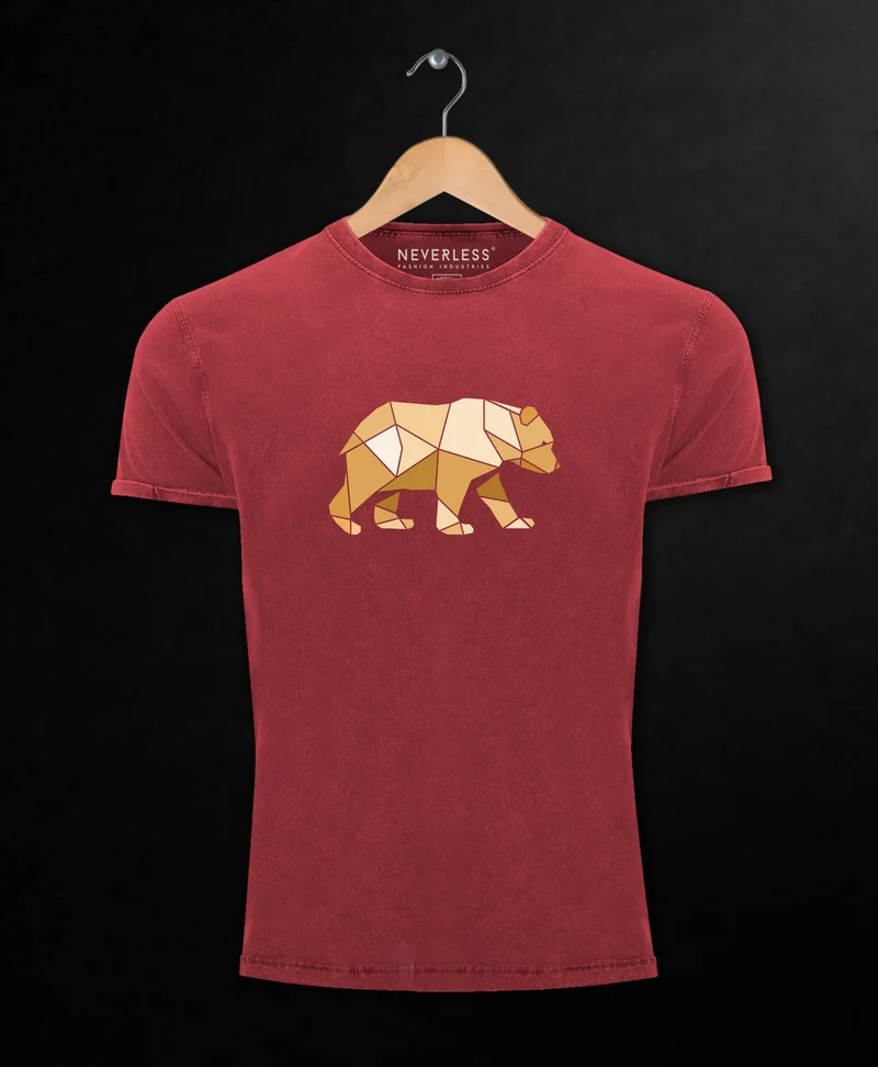 Herren Vintage Shirt Bär Aufdruck Grafik Outdoor Polygon Motive Printshirt Natur Fashion Streetstyle