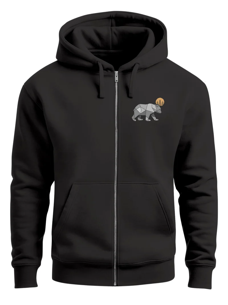 Herren Sweatjacke mit Kapuze Polygon Print Bär Outdoor Print Zipjacke Männer Fashion Streetstyle