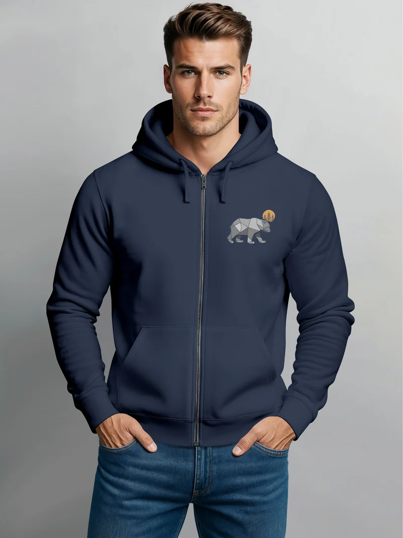 Herren Sweatjacke mit Kapuze Polygon Print Bär Outdoor Print Zipjacke Männer Fashion Streetstyle