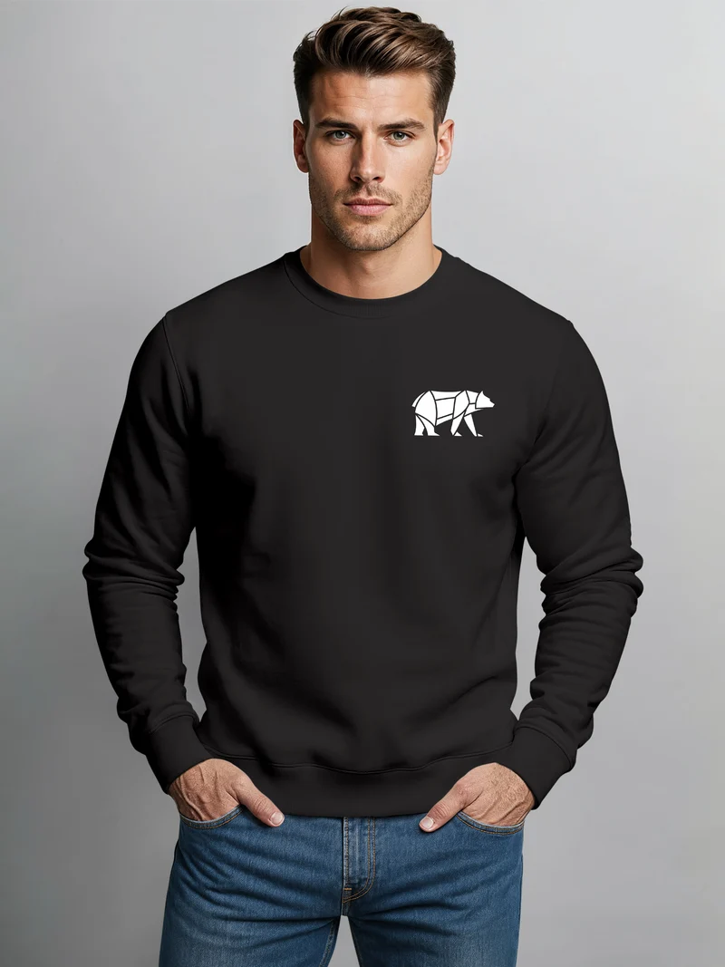 Sweatshirt Herren Print Aufdruck Bär Polygon Design Wander Outdoor Rundhals-Pullover Fashion Streetwear