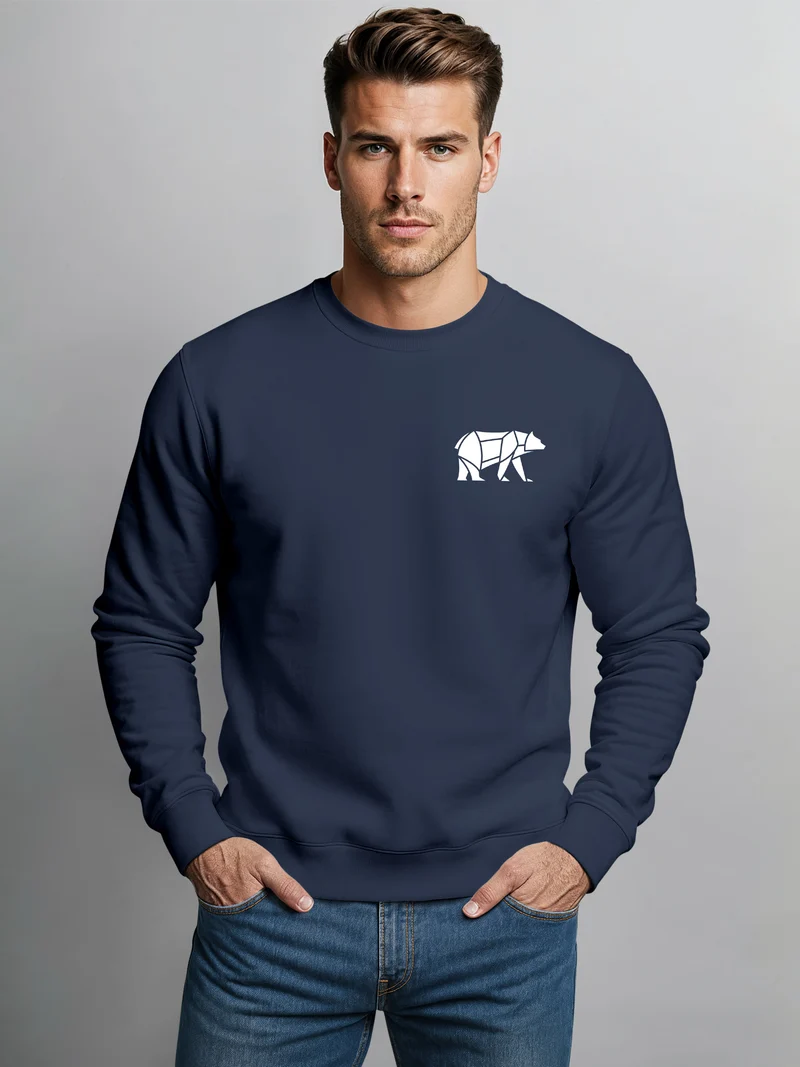 Sweatshirt Herren Print Aufdruck Bär Polygon Design Wander Outdoor Rundhals-Pullover Fashion Streetwear