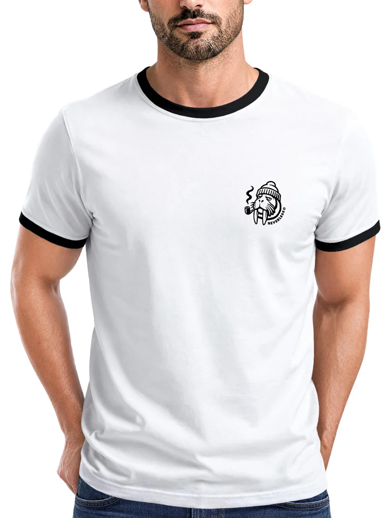 Herren T-Shirt Retro Kontrastbund - Logo Design Walross - Printshirt im Vintage-Look