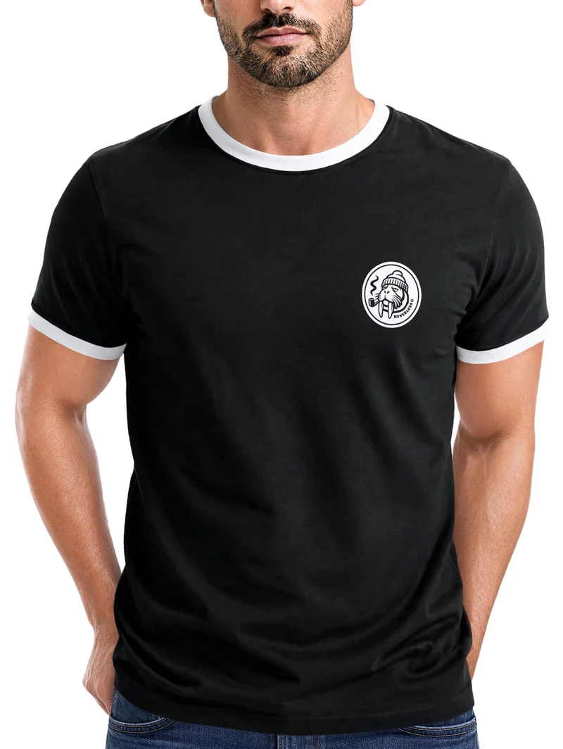 Herren T-Shirt Retro Kontrastbund - Logo Design Walross - Printshirt im Vintage-Look