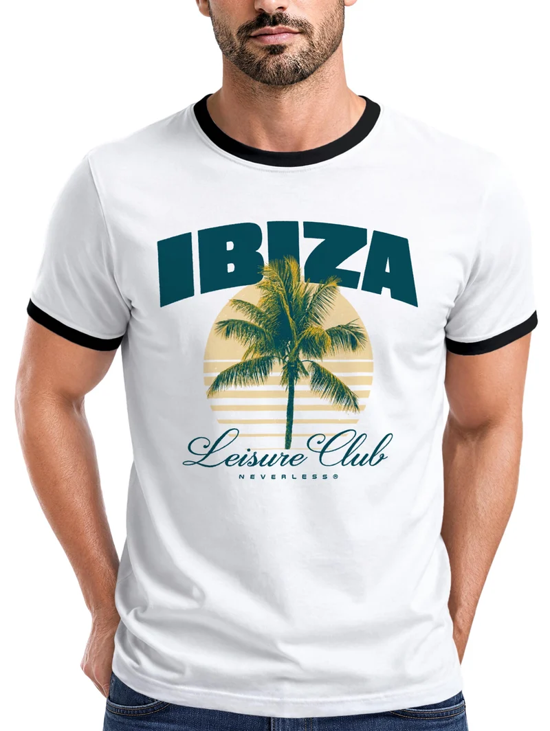 Herren T-Shirt Retro Kontrastbund - Design Ibiza Leisure Club - Printshirt im Vintage-Look