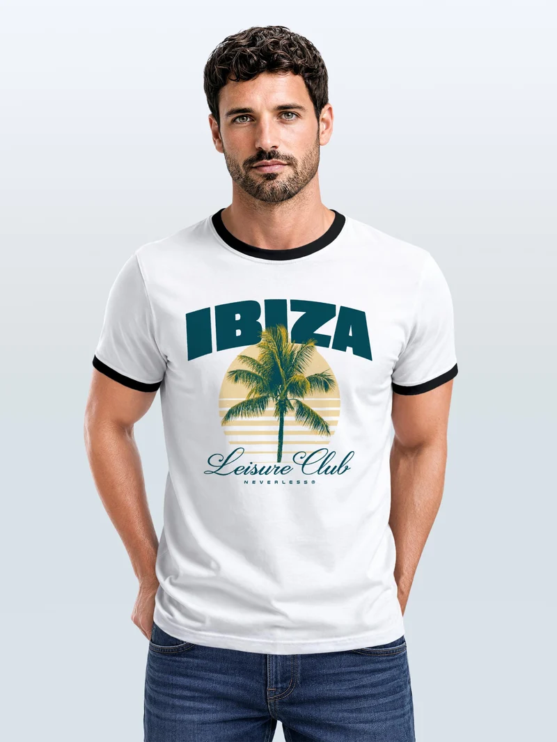 Herren T-Shirt Retro Kontrastbund - Design Ibiza Leisure Club - Printshirt im Vintage-Look