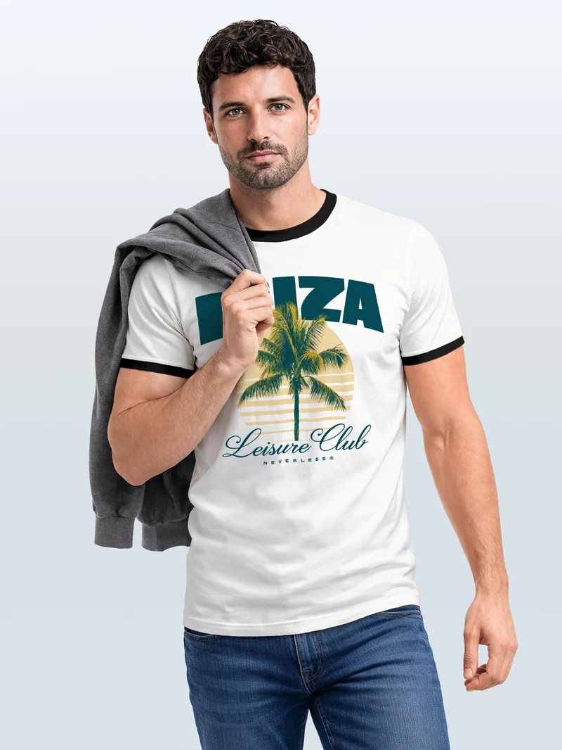 Herren T-Shirt Retro Kontrastbund - Design Ibiza Leisure Club - Printshirt im Vintage-Look