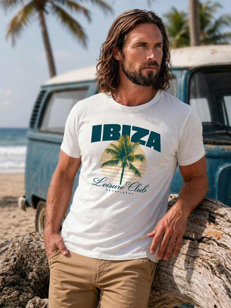Herren T-Shirt Frontprint - Design Ibiza Leisure Club - Baumwollshirt Männer Fashion Streetstyle Slim Fit