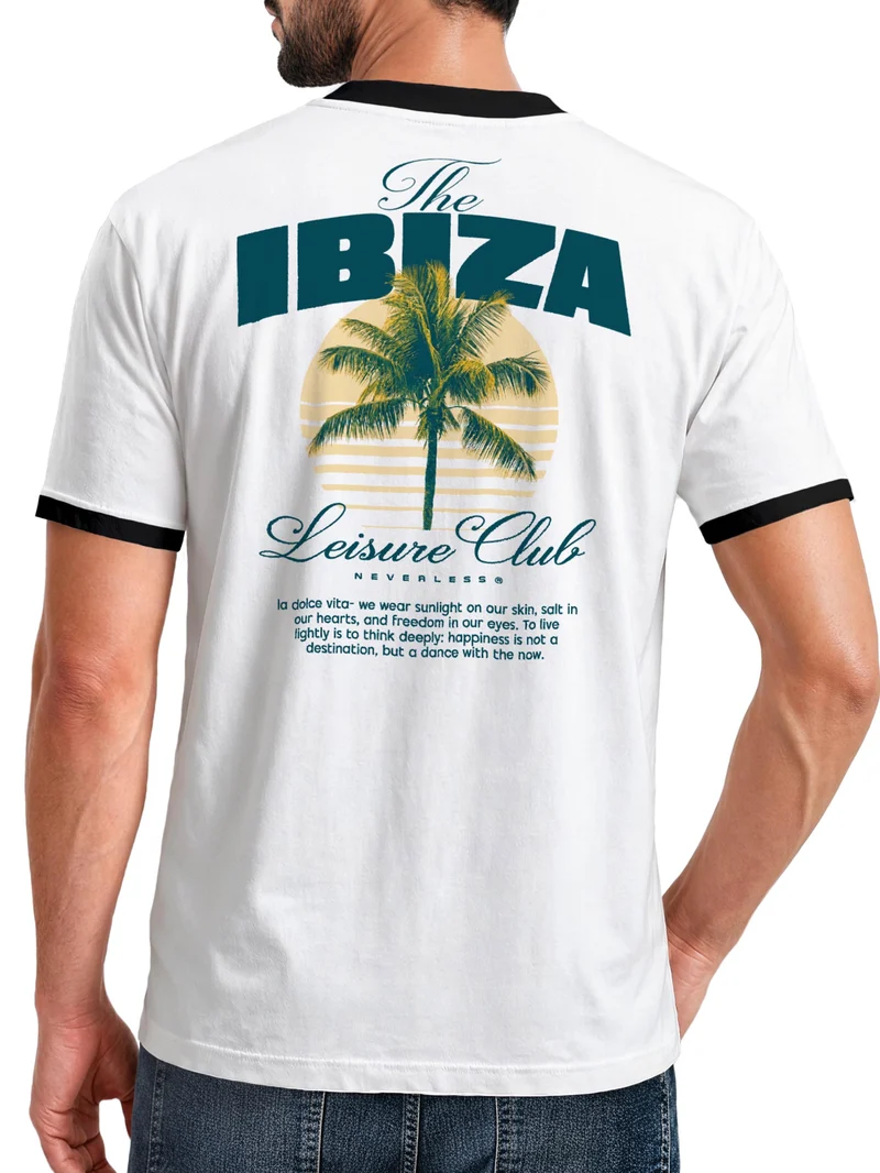 Herren T-Shirt Retro Kontrastbund - Design Ibiza Leisure Club - Printshirt im Vintage-Look