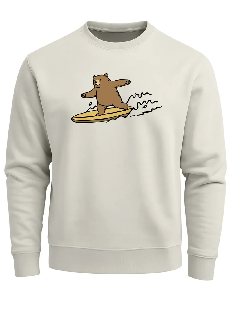 Sweatshirt Herren ohne Kapuze Frontprint Bär auf Surfbrett Pullover Aufdruck Print Fashion Streetwear