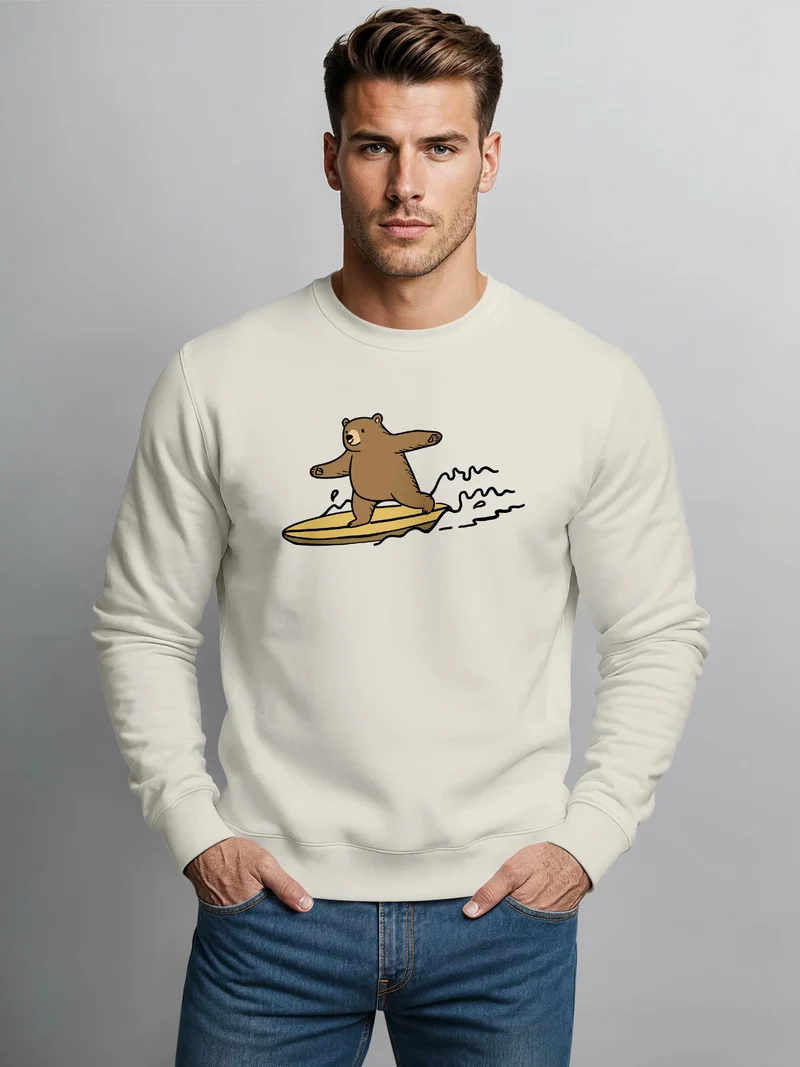 Sweatshirt Herren ohne Kapuze Frontprint Bär auf Surfbrett Pullover Aufdruck Print Fashion Streetwear