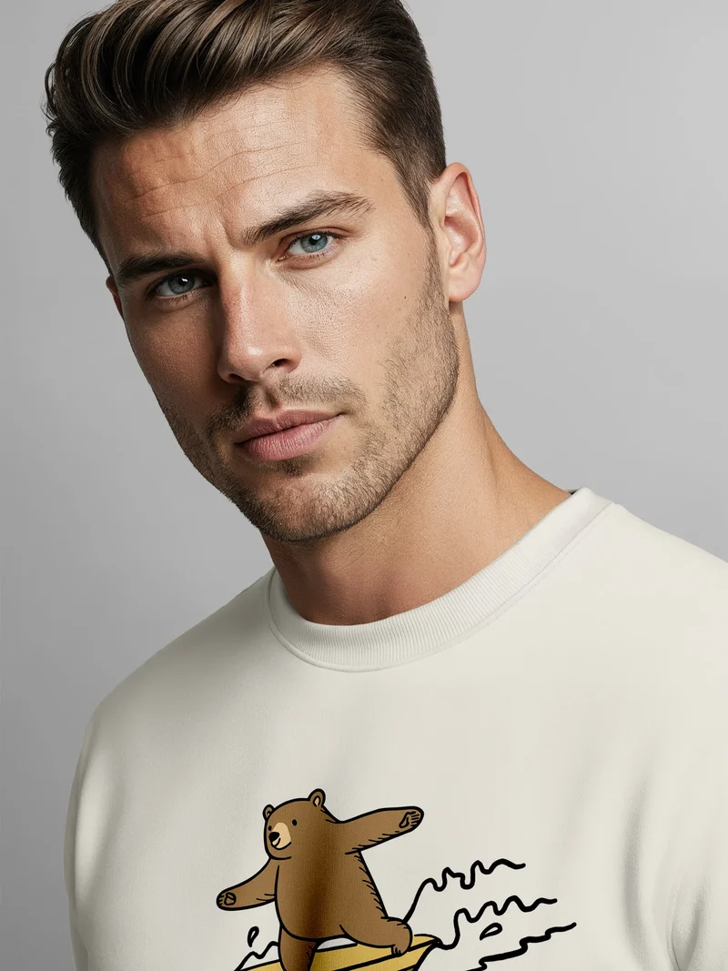 Sweatshirt Herren ohne Kapuze Frontprint Bär auf Surfbrett Pullover Aufdruck Print Fashion Streetwear