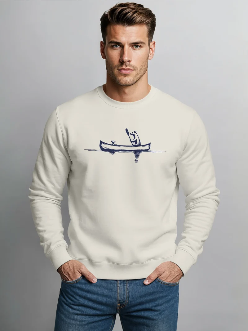 Sweatshirt Herren ohne Kapuze Bär Kanu Frontprint Pullover mit Print Outdoor Basic Fashion Streetwear