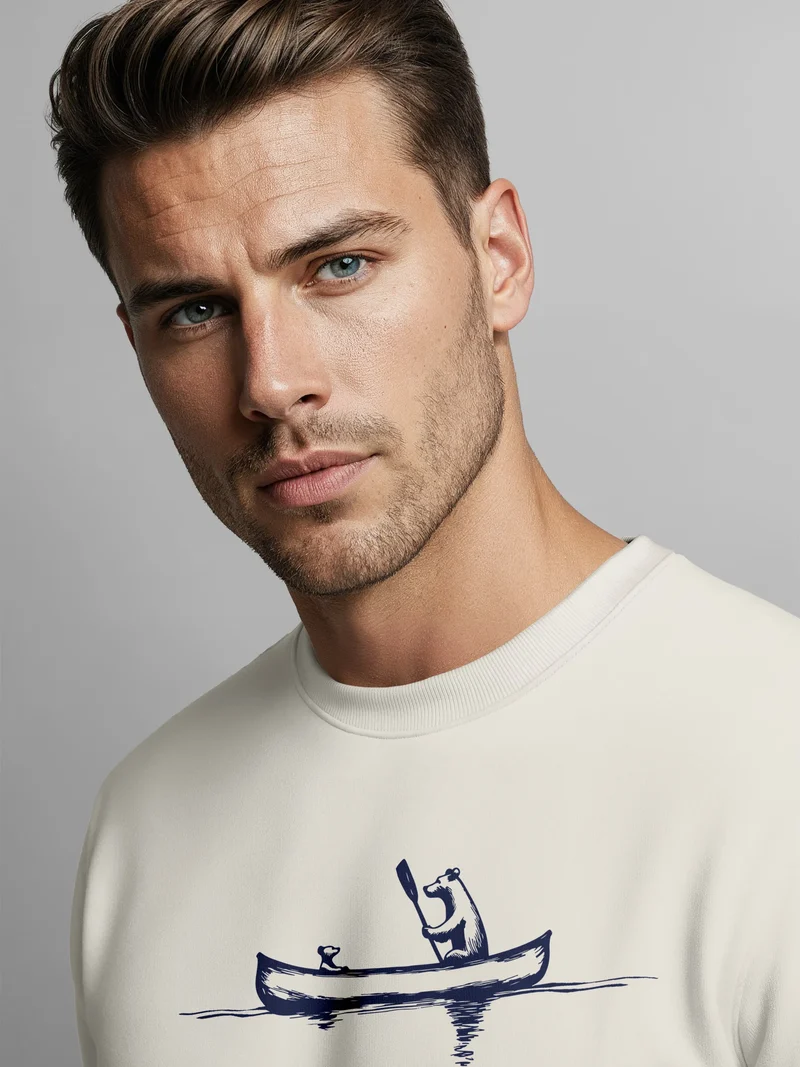 Sweatshirt Herren ohne Kapuze Bär Kanu Frontprint Pullover mit Print Outdoor Basic Fashion Streetwear
