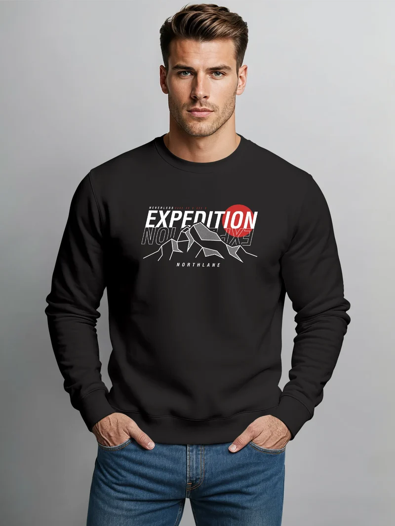 Sweatshirt Herren ohne Kapuze Frontprint Grafik Bergmotiv Pullover mit Print Outdoor Fashion Streetwear