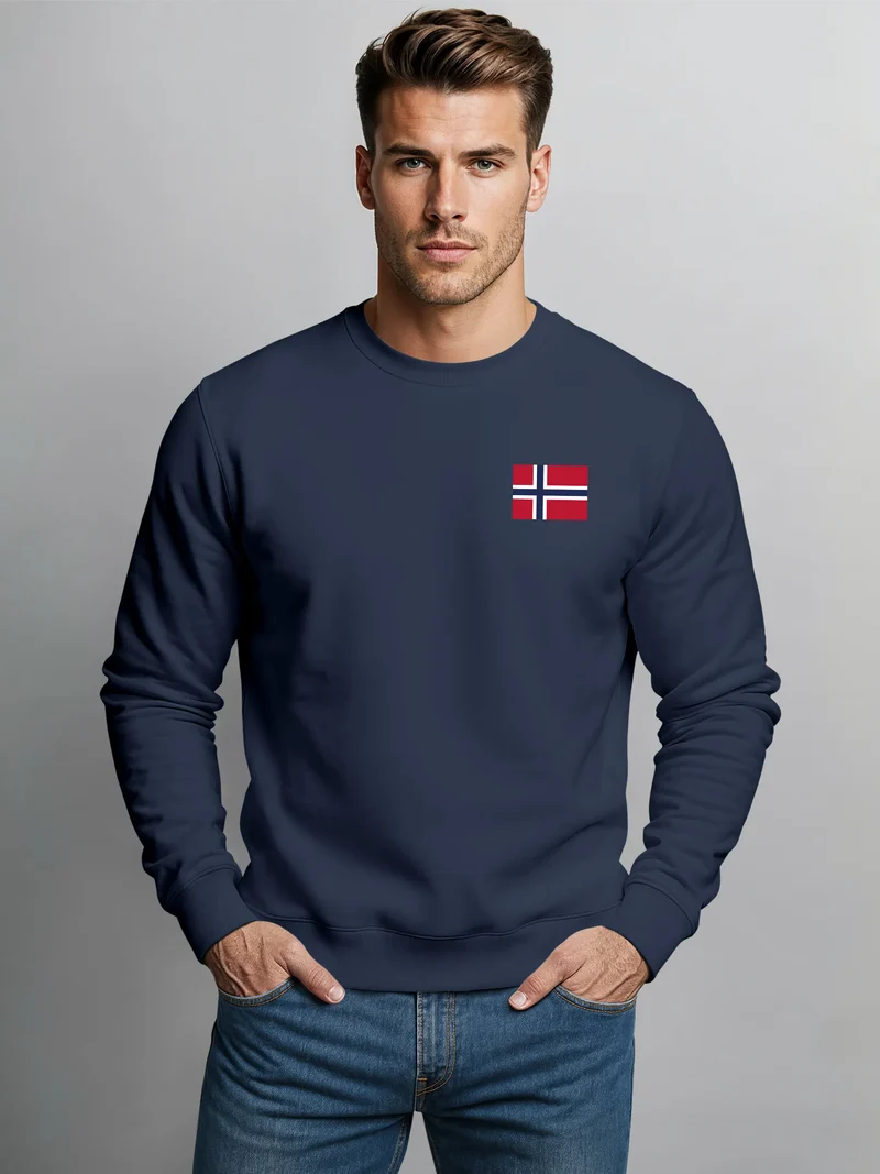 Sweatshirt Herren ohne Kapuze Frontprint Brustlogo Norway Flag Norwegen Pullover Fashion Streetwear