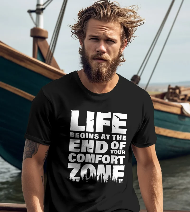 Herren T-Shirt Life begins at the end of your Comfort Zone Zitat Quote Outdoor Survival Fashion Streetstyle