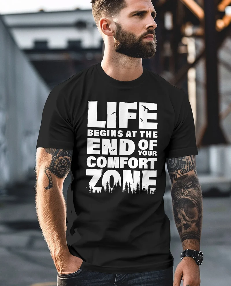 Herren T-Shirt Life begins at the end of your Comfort Zone Zitat Quote Outdoor Survival Fashion Streetstyle