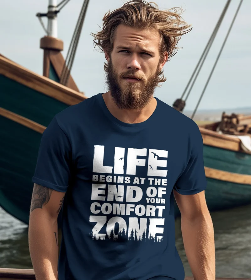 Herren T-Shirt Life begins at the end of your Comfort Zone Zitat Quote Outdoor Survival Fashion Streetstyle