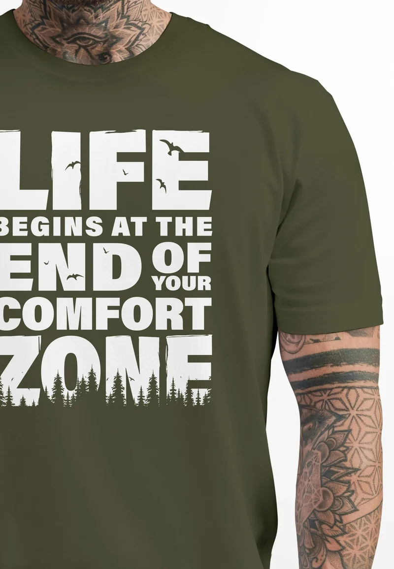 Herren T-Shirt Life begins at the end of your Comfort Zone Zitat Quote Outdoor Survival Fashion Streetstyle