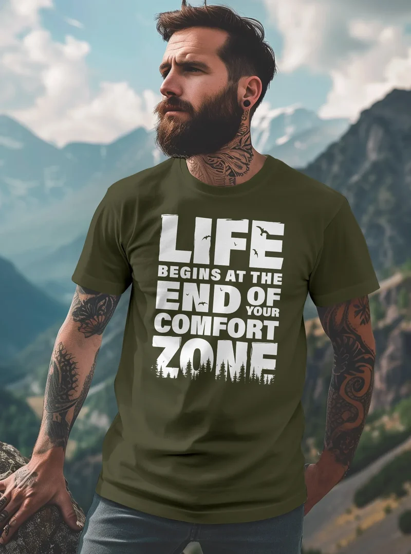 Herren T-Shirt Life begins at the end of your Comfort Zone Zitat Quote Outdoor Survival Fashion Streetstyle