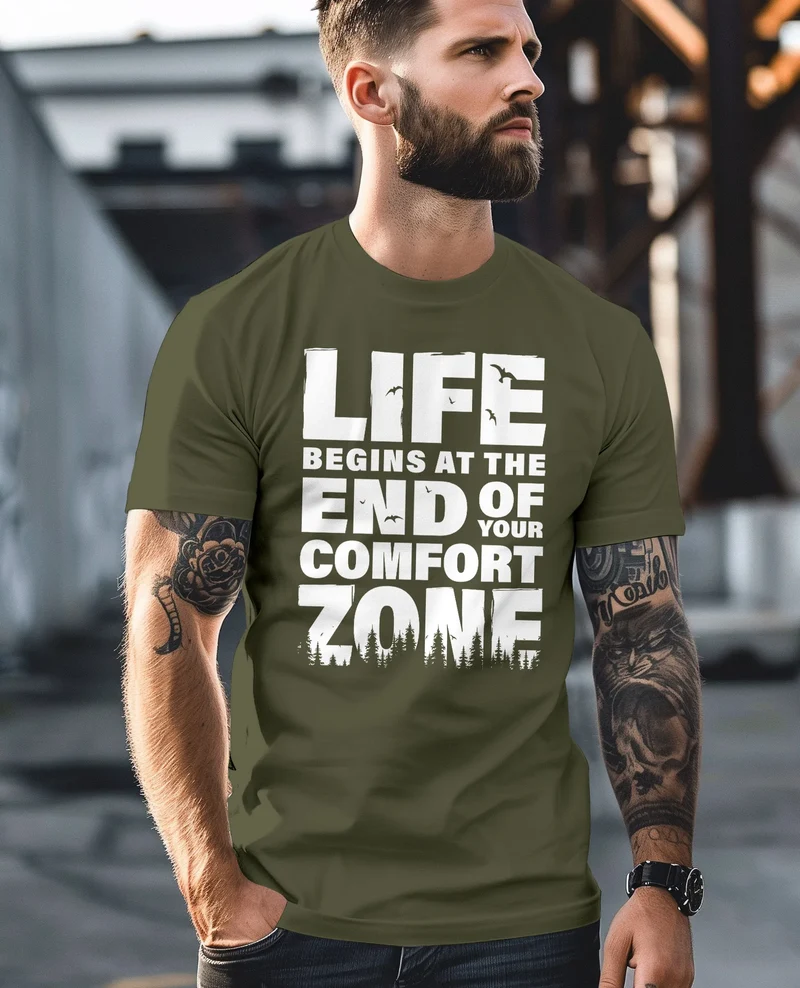 Herren T-Shirt Life begins at the end of your Comfort Zone Zitat Quote Outdoor Survival Fashion Streetstyle