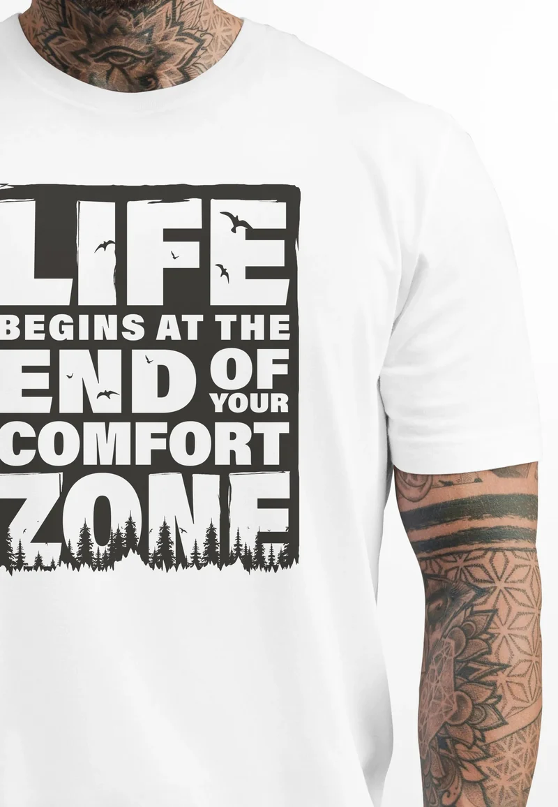 Herren T-Shirt Life begins at the end of your Comfort Zone Zitat Quote Outdoor Survival Fashion Streetstyle