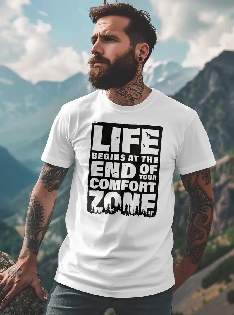 Herren T-Shirt Life begins at the end of your Comfort Zone Zitat Quote Outdoor Survival Fashion Streetstyle
