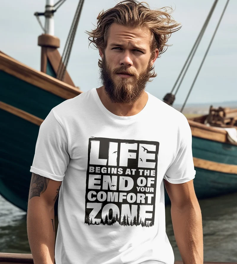 Herren T-Shirt Life begins at the end of your Comfort Zone Zitat Quote Outdoor Survival Fashion Streetstyle