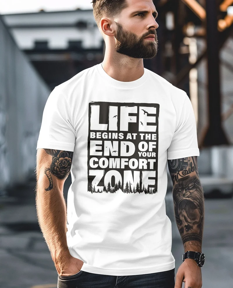 Herren T-Shirt Life begins at the end of your Comfort Zone Zitat Quote Outdoor Survival Fashion Streetstyle