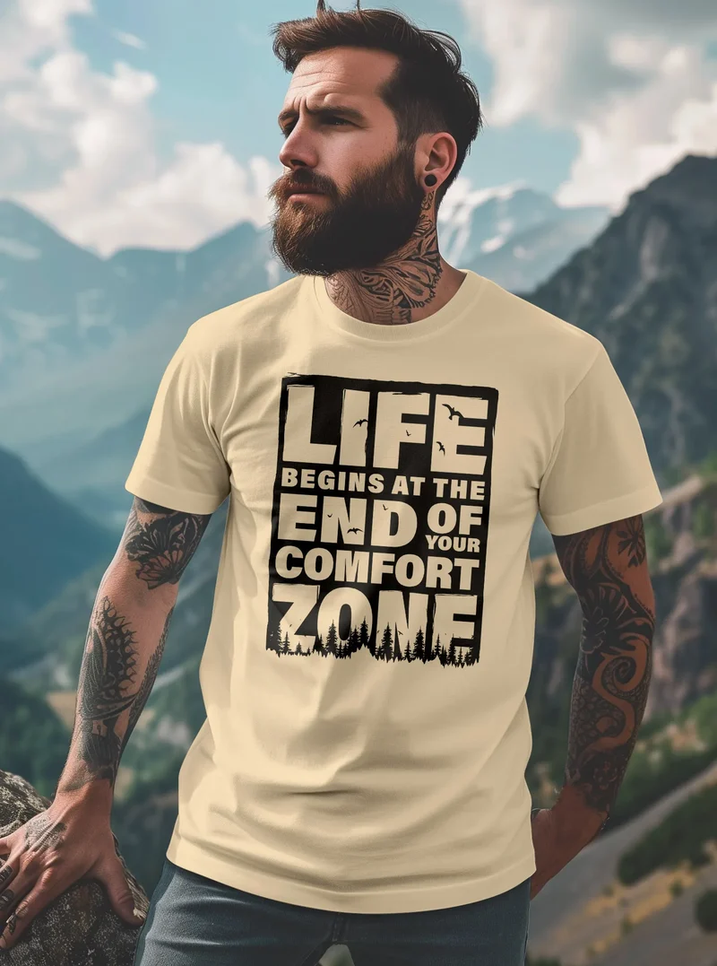 Herren T-Shirt Life begins at the end of your Comfort Zone Zitat Quote Outdoor Survival Fashion Streetstyle