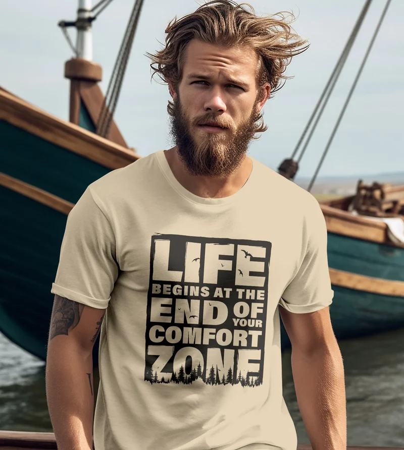 Herren T-Shirt Life begins at the end of your Comfort Zone Zitat Quote Outdoor Survival Fashion Streetstyle