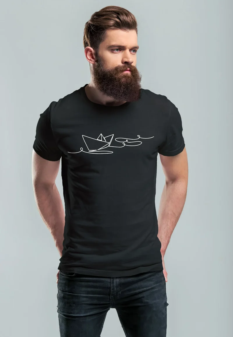 Herren T-Shirt Boot Polygon Papier-Schiff Origami Aufdruck Print Fashion Streetstyle
