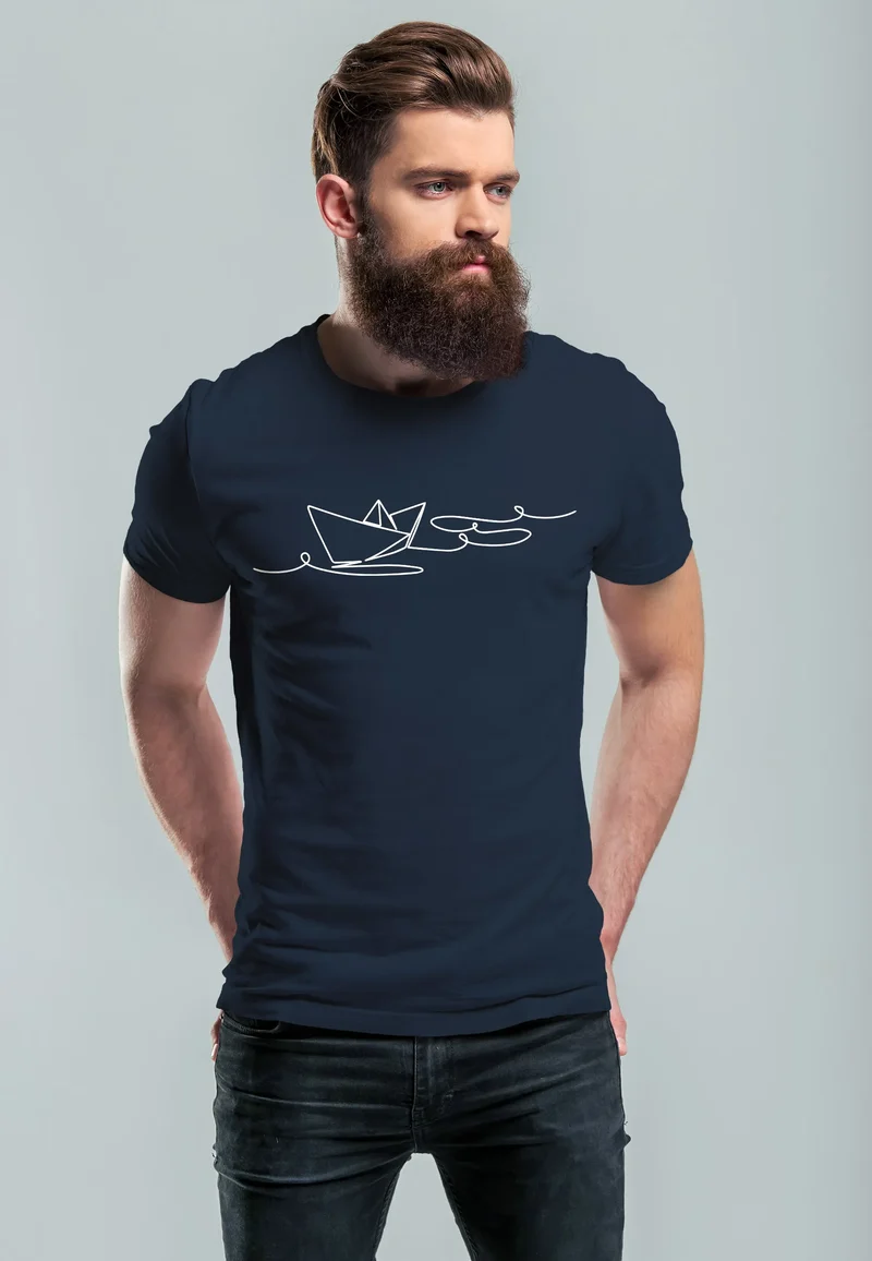 Herren T-Shirt Boot Polygon Papier-Schiff Origami Aufdruck Print Fashion Streetstyle